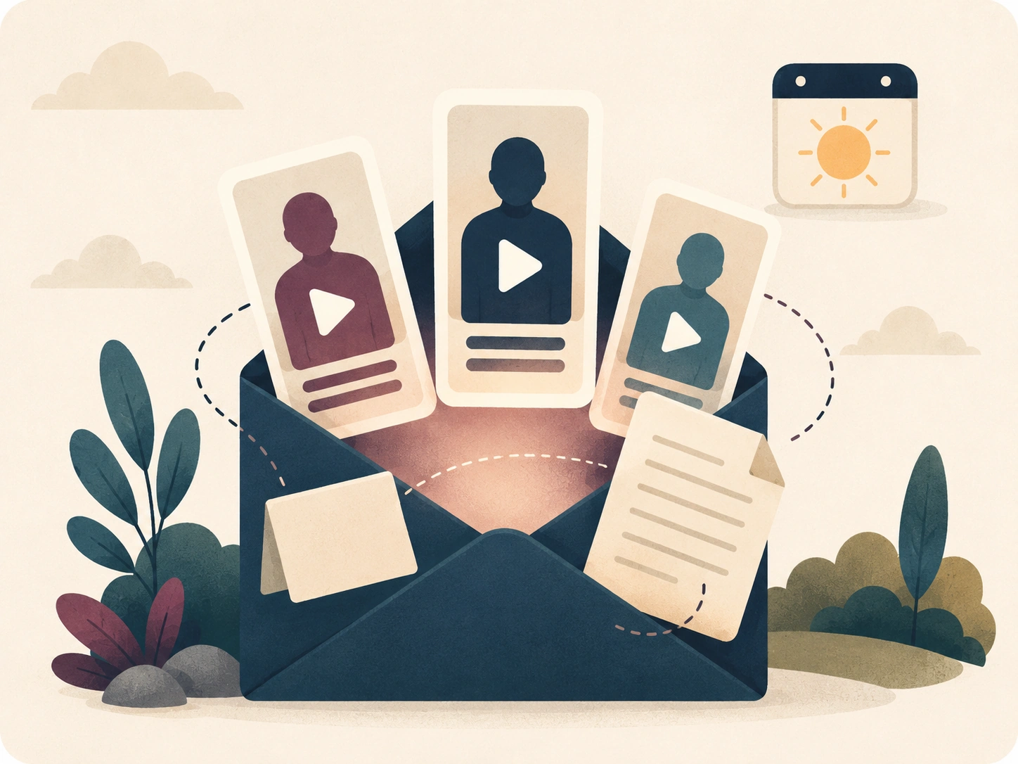 Illustration: an envelope opens with three finished sermon clips, notes and a recap email