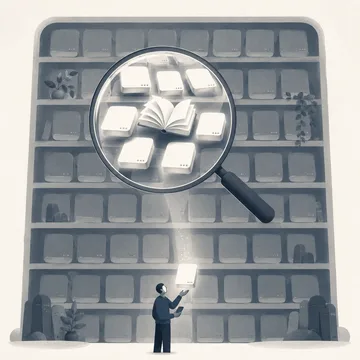 A magnifying glass waking a wall of sleeping books, delivering one to a person below