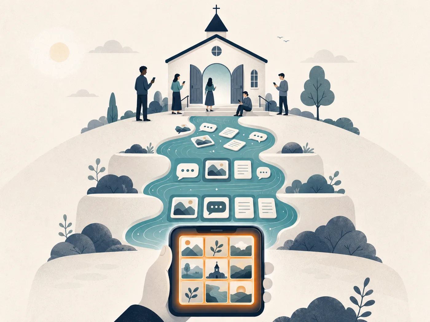 A church on a hillside with open doors, its Sunday morning flowing down terraces as photos and messages, arriving in a hand below as a finished gallery
