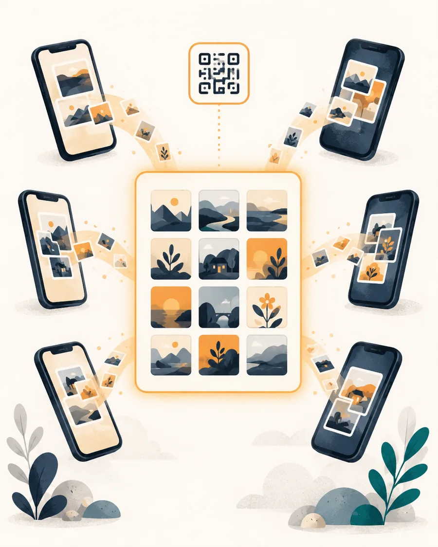 Photos streaming from many phones into one finished gallery, entered through a single QR code