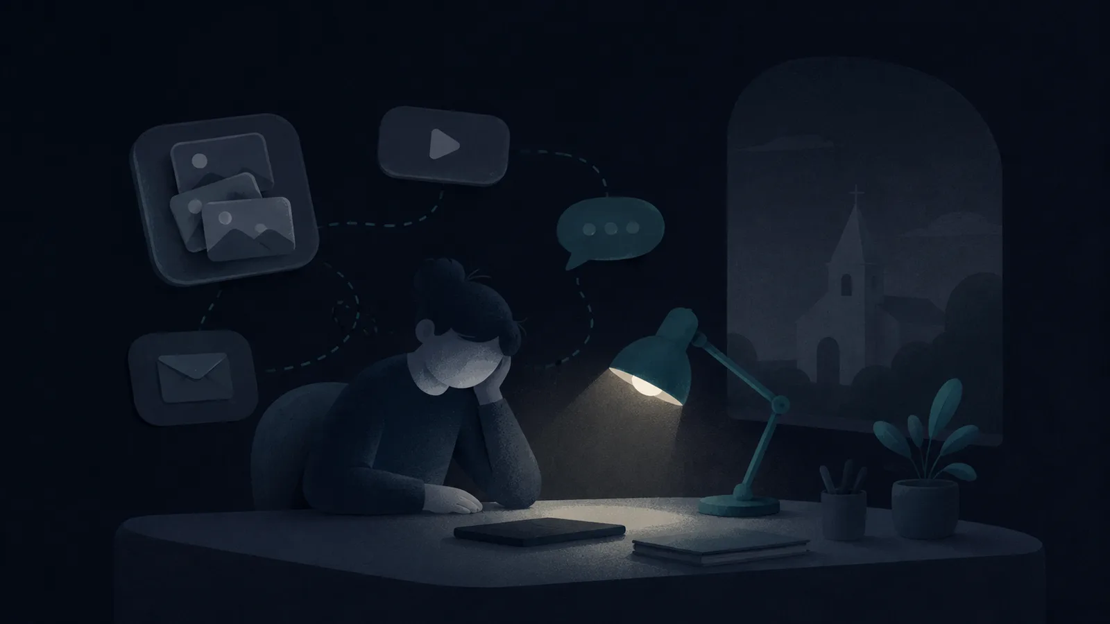 One person at a desk lamp on a Monday night, surrounded by floating unfinished photos, video, and email, with the church from the morning before fading in the window