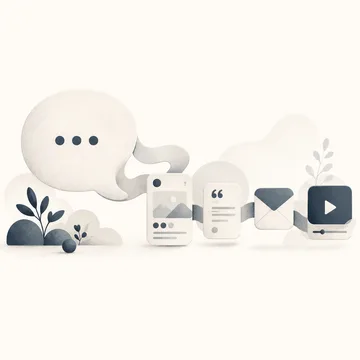 A speech bubble unraveling into a social post, a quote card, an email, and a video